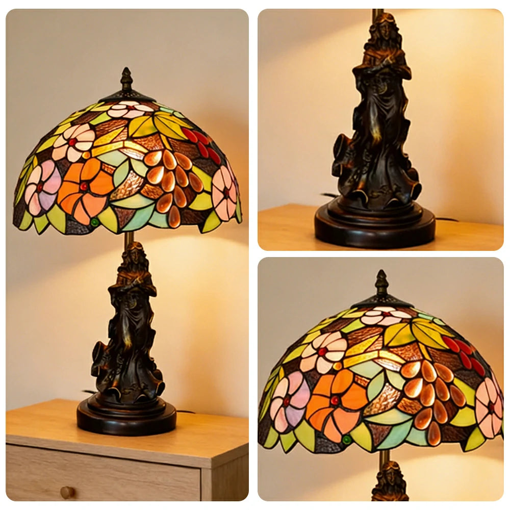 LIVARA European Vintage Grape Floral Stained Glass Table Lamp Sculpture Base Handcrafted Artistic Design Suitable for Bedroom Living Room Bedside