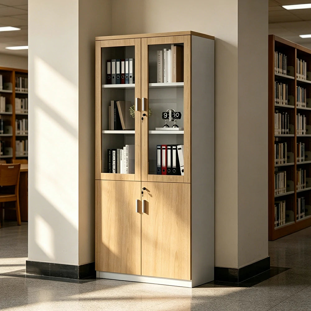 LIVARA 2 Door File Cabinet with Glass Doors Office Storage Bookcase Cabinet - Oak