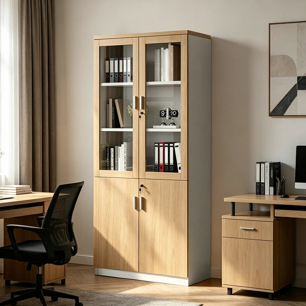 LIVARA 2 Door File Cabinet with Glass Doors Office Storage Bookcase Cabinet - Oak