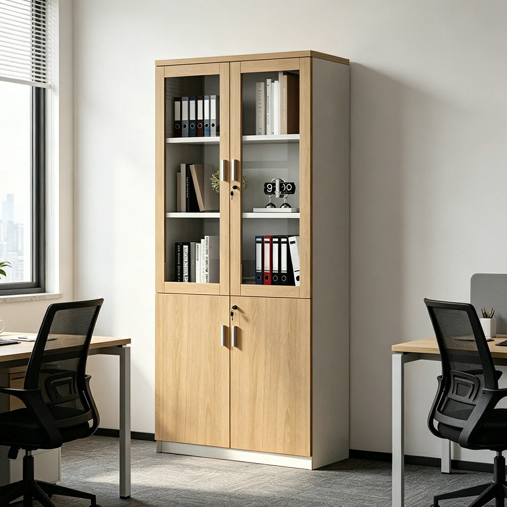 LIVARA 2 Door File Cabinet with Glass Doors Office Storage Bookcase Cabinet - Oak