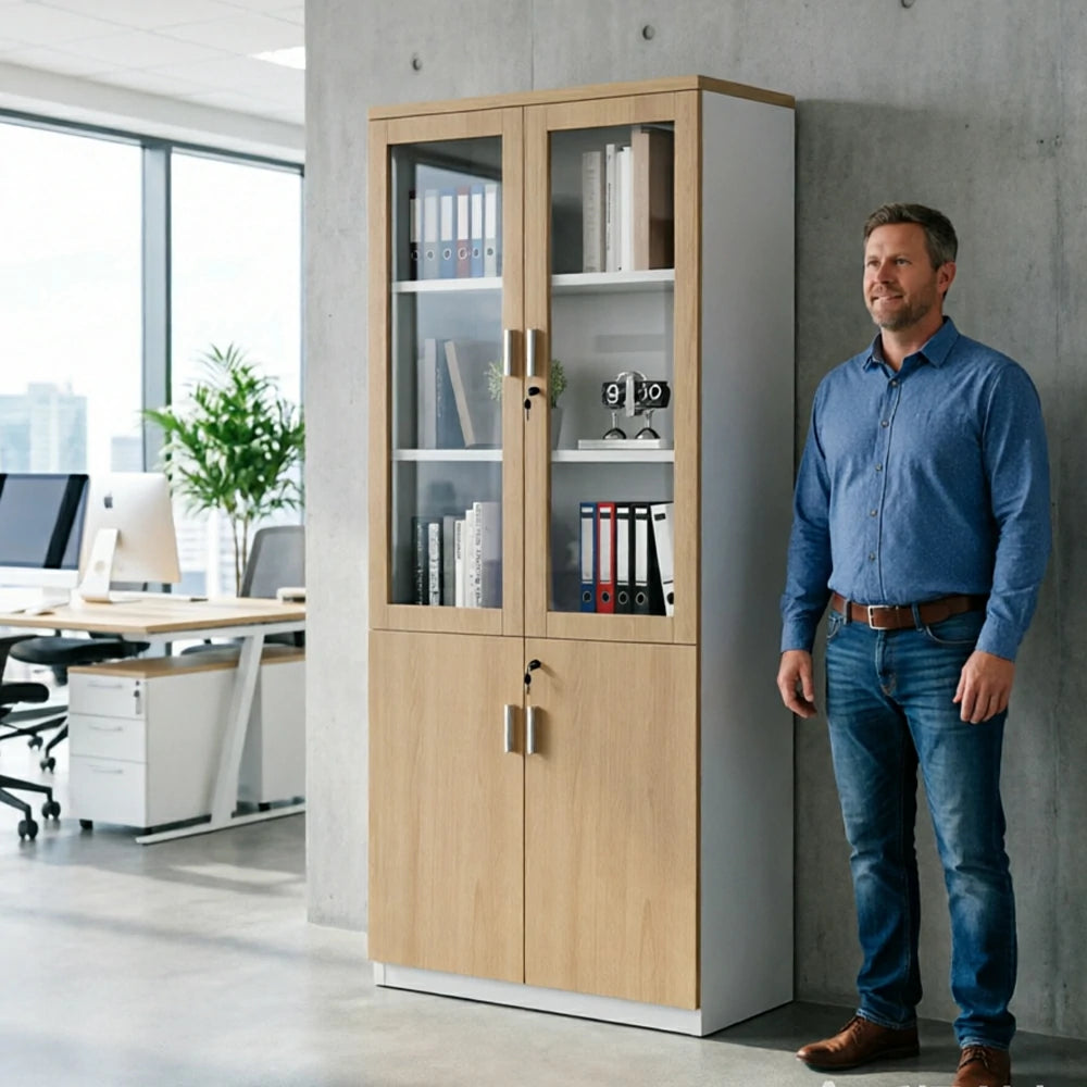 LIVARA 2 Door File Cabinet with Glass Doors Office Storage Bookcase Cabinet - Oak