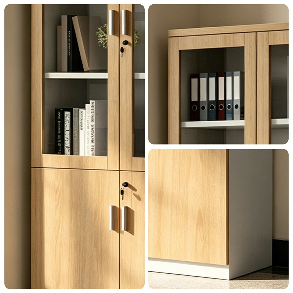 LIVARA 2 Door File Cabinet with Glass Doors Office Storage Bookcase Cabinet - Oak