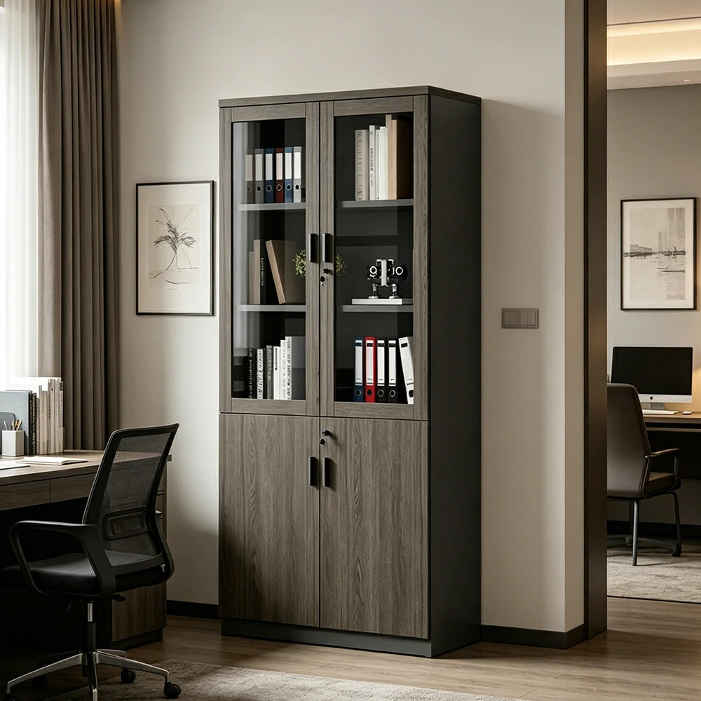 LIVARA 2 Door Bookcase with Glass Doors Office Storage Cabinet - Walnut