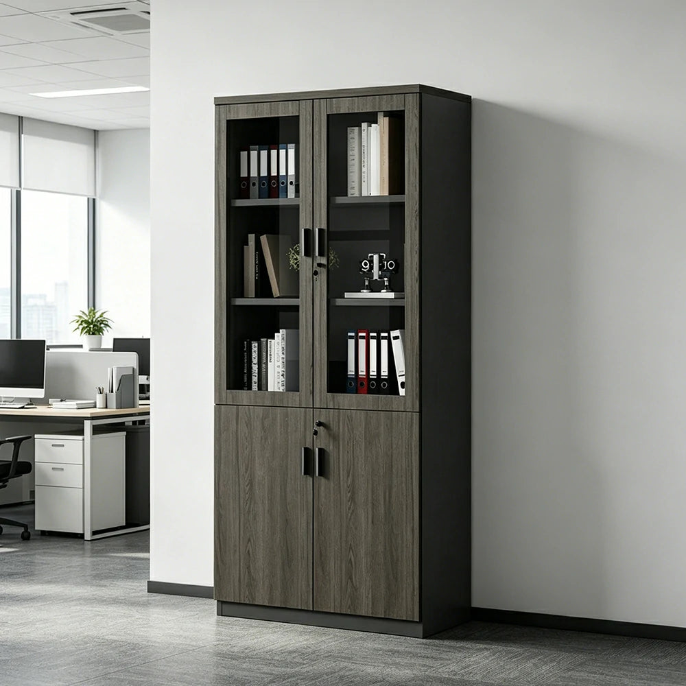 LIVARA 2 Door Bookcase with Glass Doors Office Storage Cabinet - Walnut