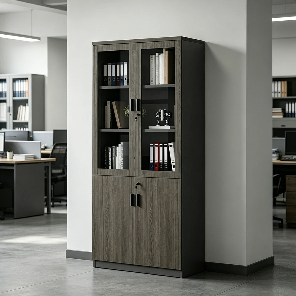 LIVARA 2 Door Bookcase with Glass Doors Office Storage Cabinet - Walnut