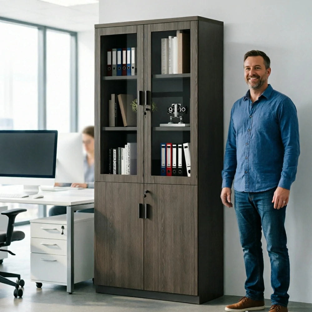 LIVARA 2 Door Bookcase with Glass Doors Office Storage Cabinet - Walnut
