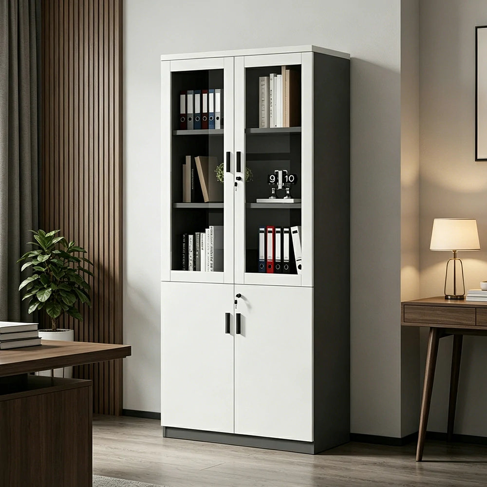 LIVARA 2 Door Bookcase A Style Office Storage Cabinet with Display Shelves - Warm White
