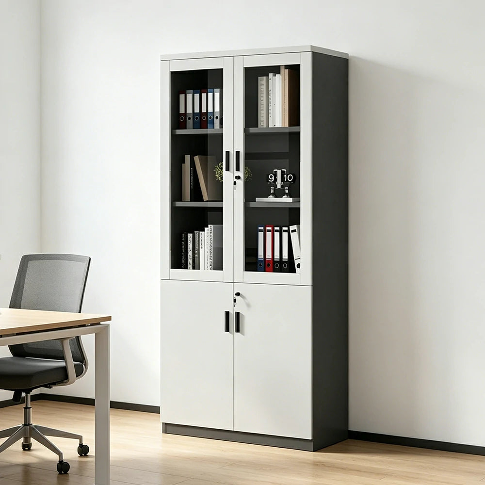 LIVARA 2 Door Bookcase A Style Office Storage Cabinet with Display Shelves - Warm White