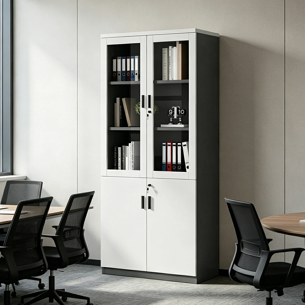 LIVARA 2 Door Bookcase A Style Office Storage Cabinet with Display Shelves - Warm White