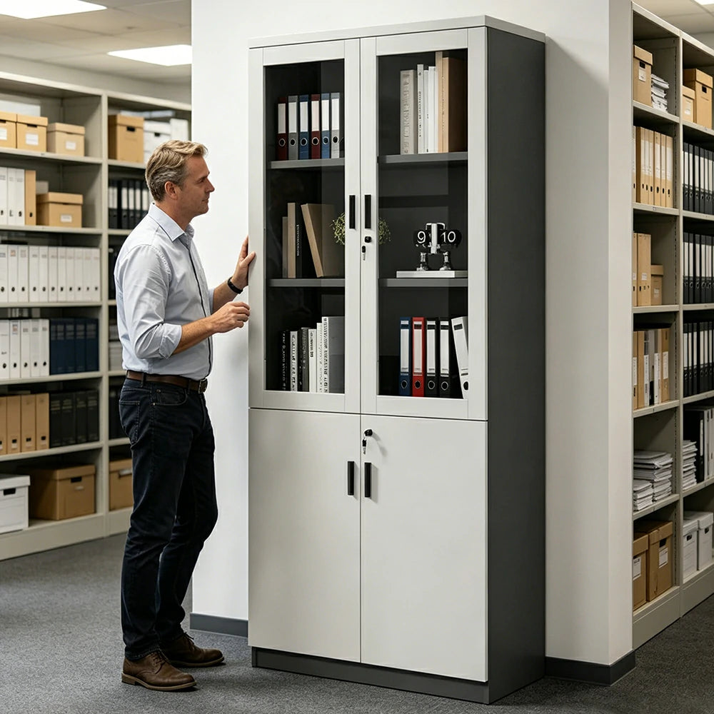 LIVARA 2 Door Bookcase A Style Office Storage Cabinet with Display Shelves - Warm White