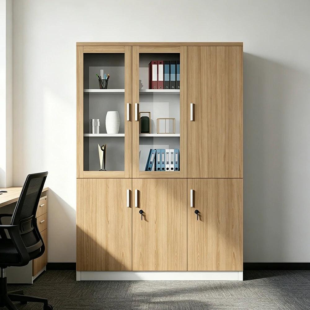 LIVARA 3 Door Bookcase A Style Office Storage Cabinet with Display Shelves - Oak