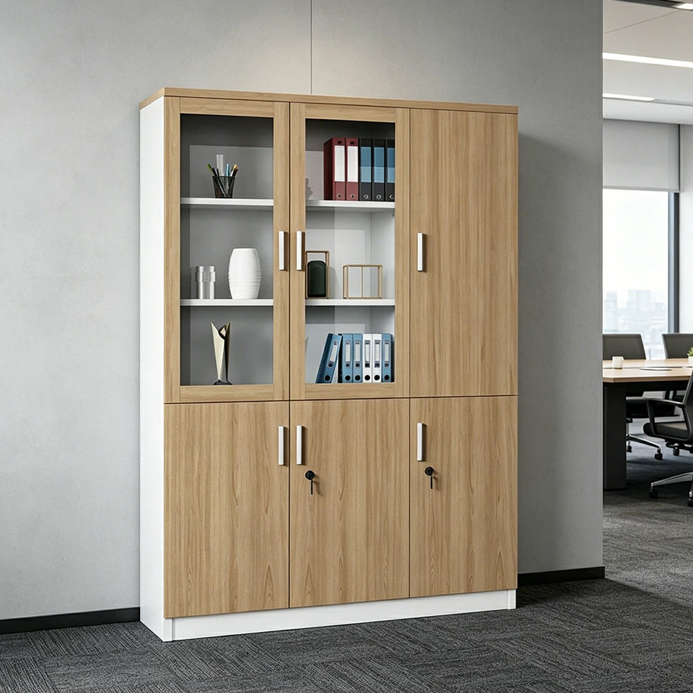LIVARA 3 Door Bookcase A Style Office Storage Cabinet with Display Shelves - Oak
