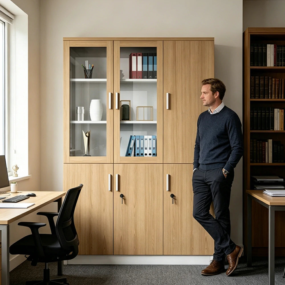 LIVARA 3 Door Bookcase A Style Office Storage Cabinet with Display Shelves - Oak