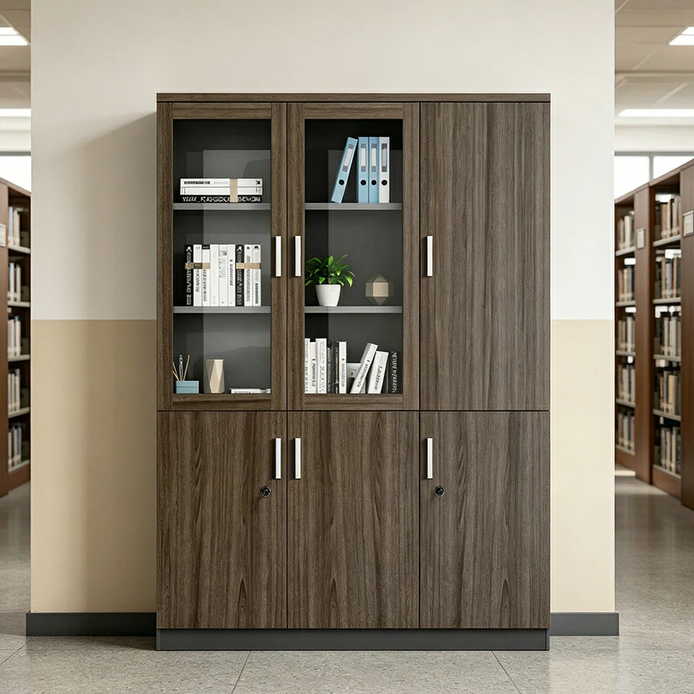 LIVARA 3 Door Bookcase C Style Glass Display Storage Cabinet - Walnut