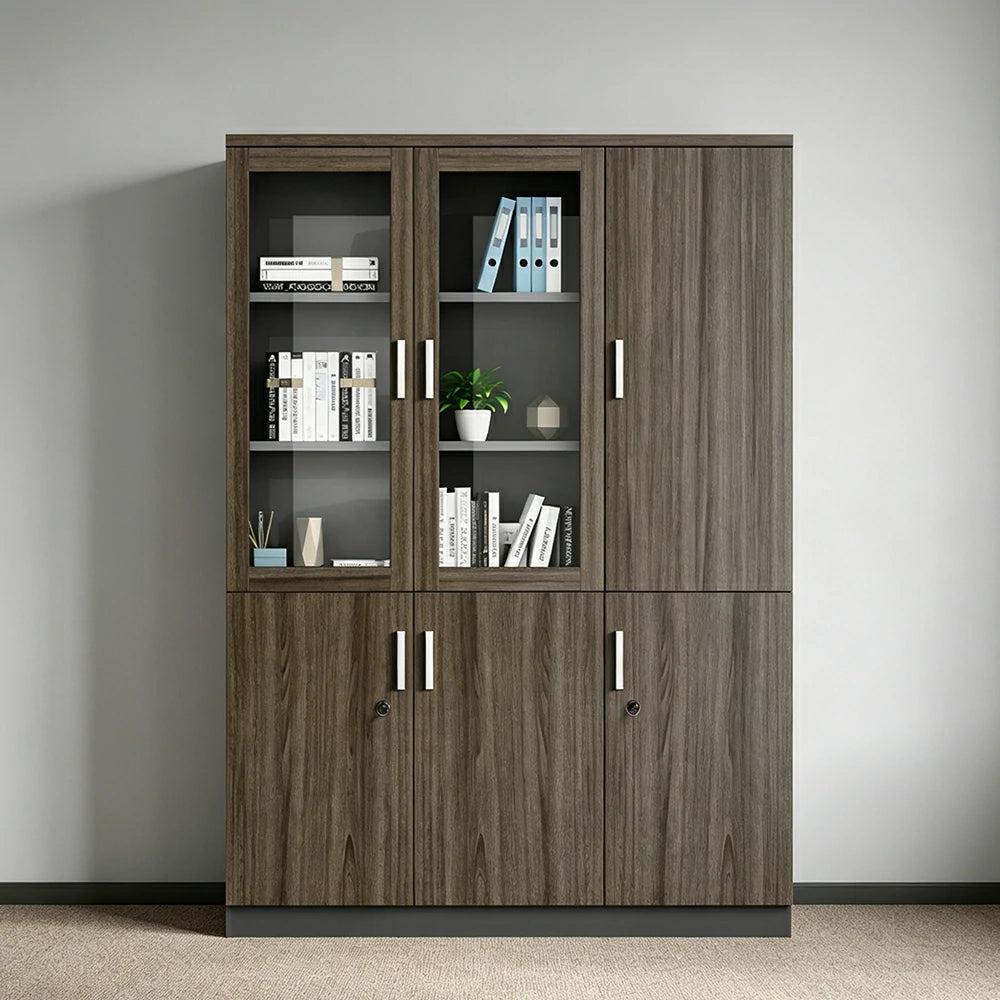 LIVARA 3 Door Bookcase C Style Glass Display Storage Cabinet - Walnut