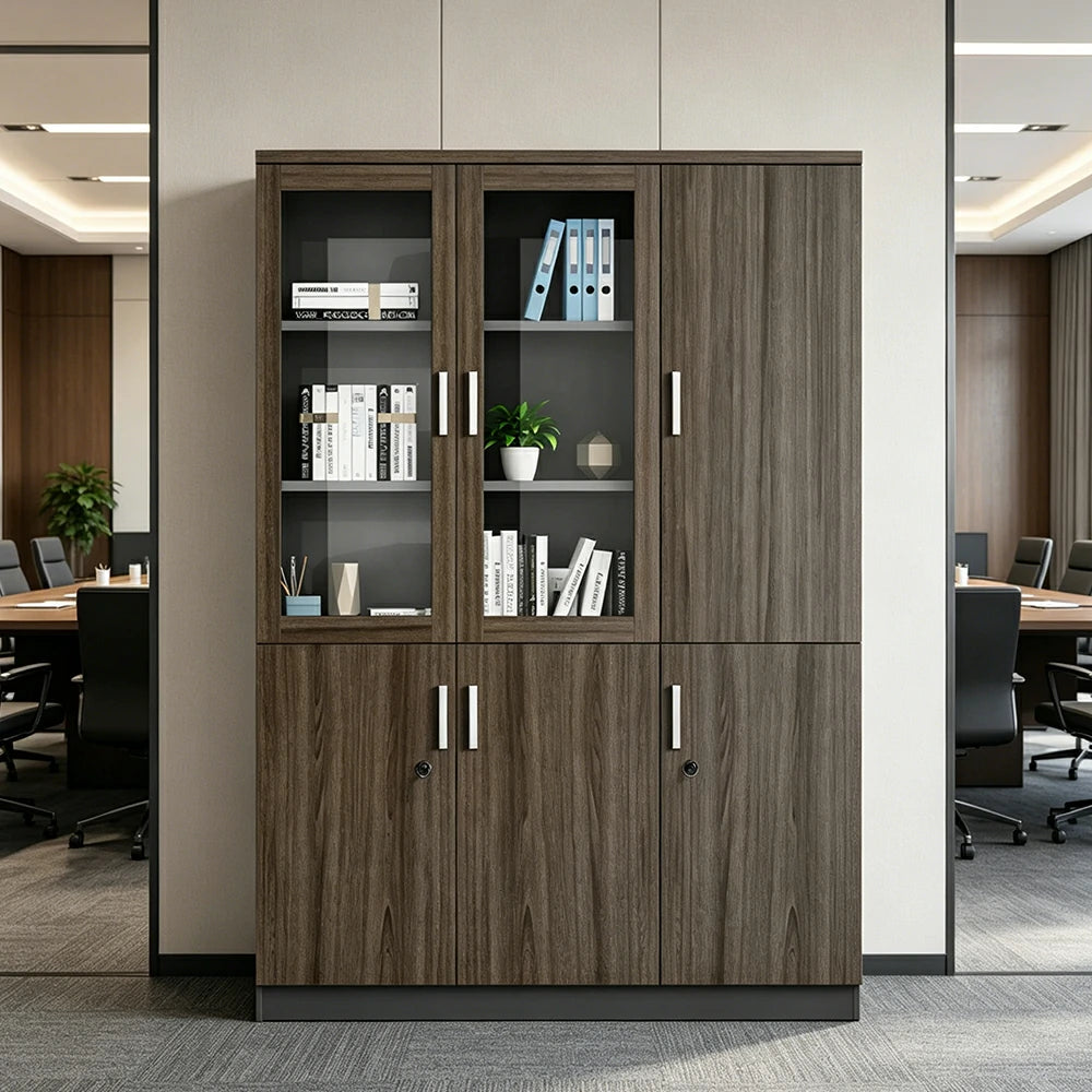 LIVARA 3 Door Bookcase C Style Glass Display Storage Cabinet - Walnut