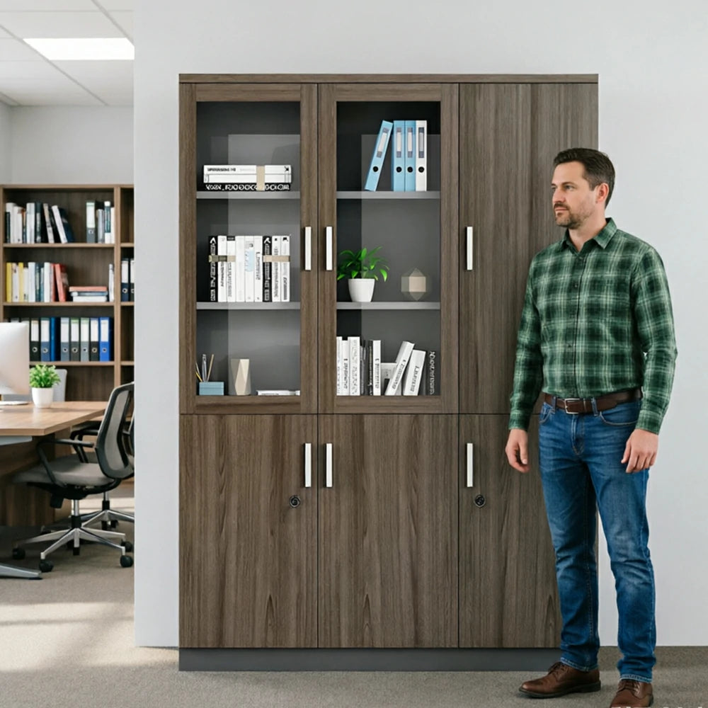 LIVARA 3 Door Bookcase C Style Glass Display Storage Cabinet - Walnut