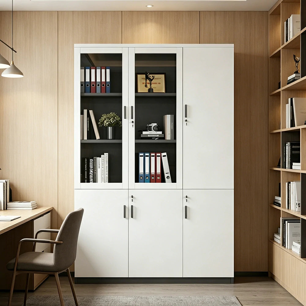 LIVARA 3 Door Bookcase A Style Office Storage Cabinet with Display Shelves - Warm White