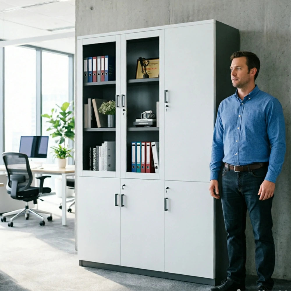LIVARA 3 Door Bookcase A Style Office Storage Cabinet with Display Shelves - Warm White