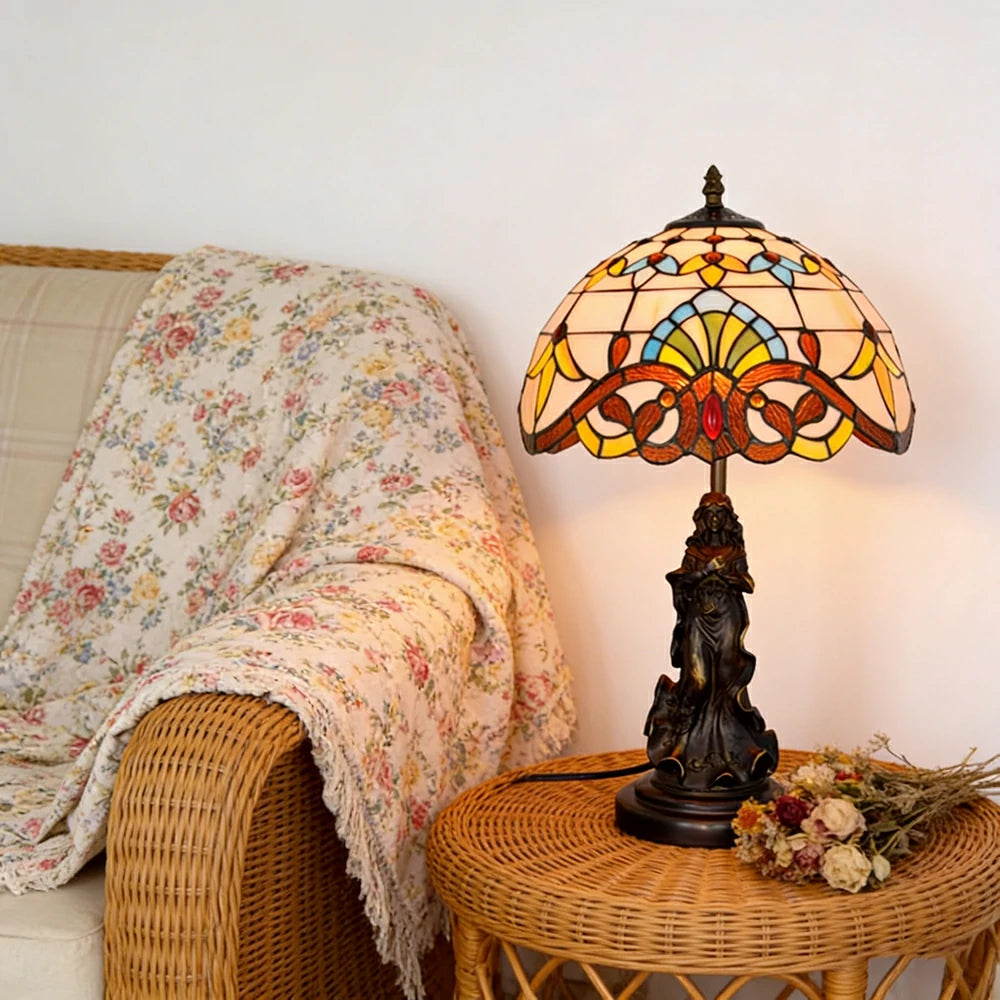 LIVARA European Vintage Baroque Style Stained Glass Table Lamp Sculpture Base Handcrafted Artistic Design Suitable for Bedroom Living Room Bedside