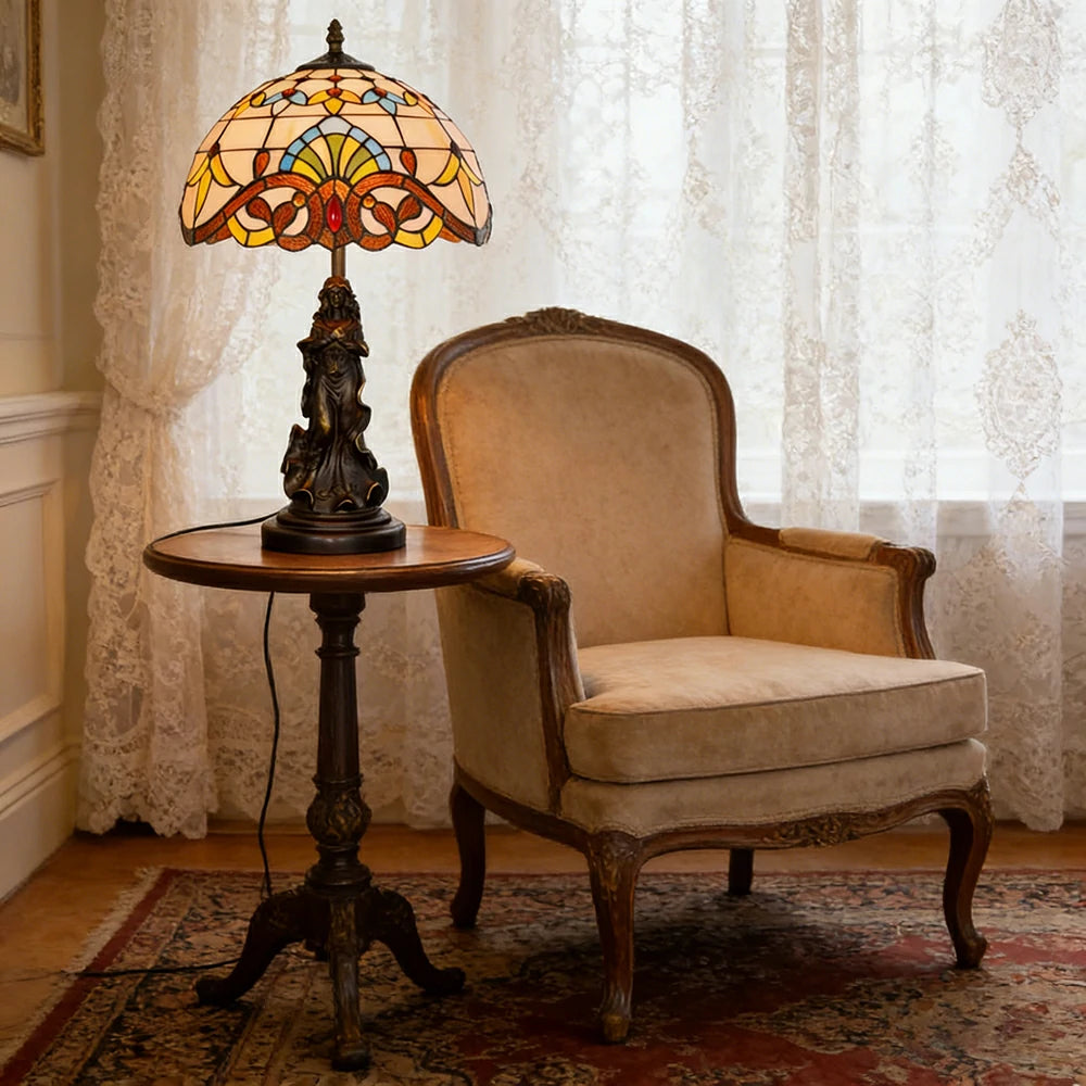 LIVARA European Vintage Baroque Style Stained Glass Table Lamp Sculpture Base Handcrafted Artistic Design Suitable for Bedroom Living Room Bedside
