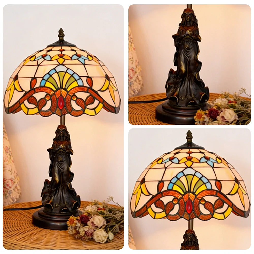 LIVARA European Vintage Baroque Style Stained Glass Table Lamp Sculpture Base Handcrafted Artistic Design Suitable for Bedroom Living Room Bedside