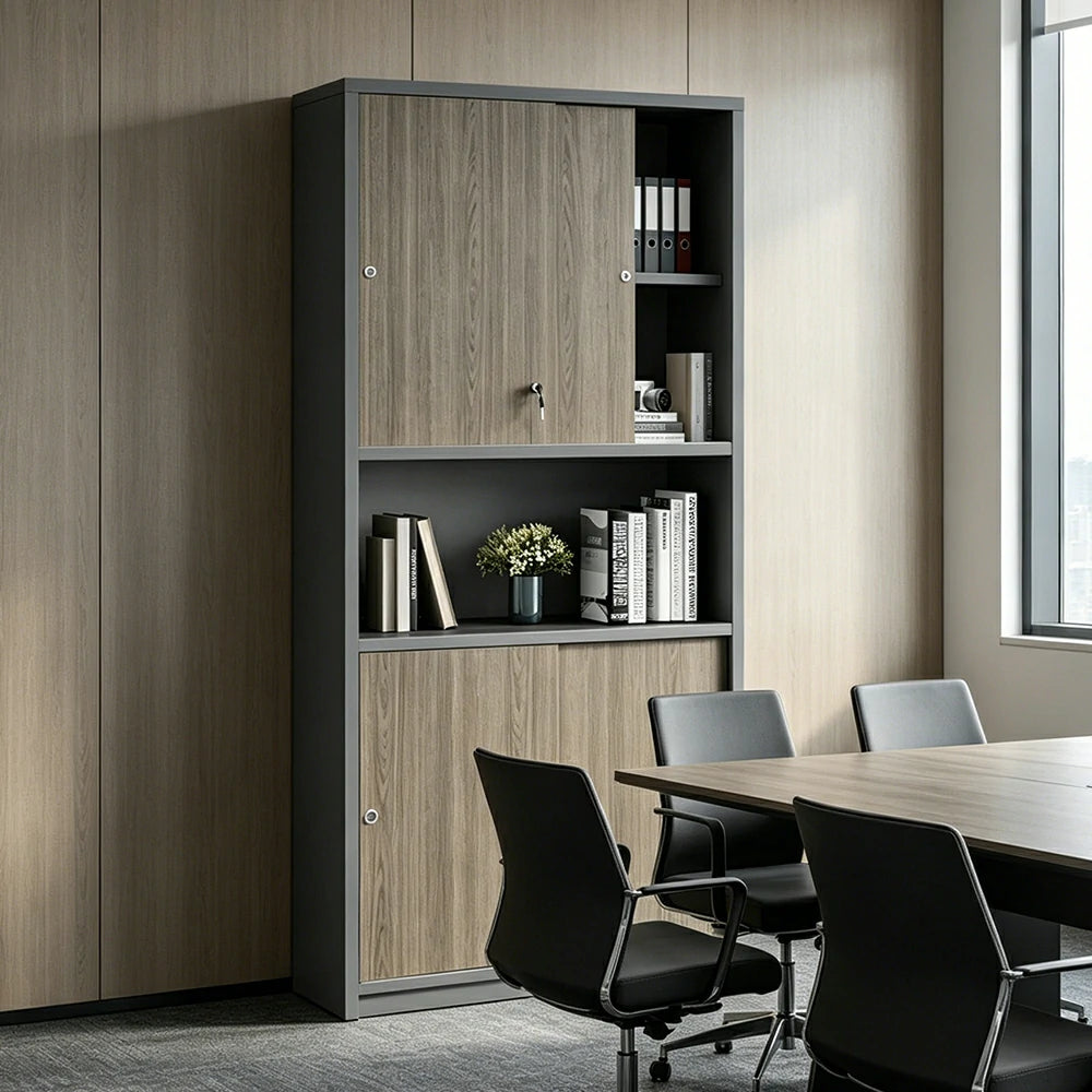 LIVARA Double Door Office Storage Cabinet with File Shelves 80x40x200cm for Study Office - Walnut