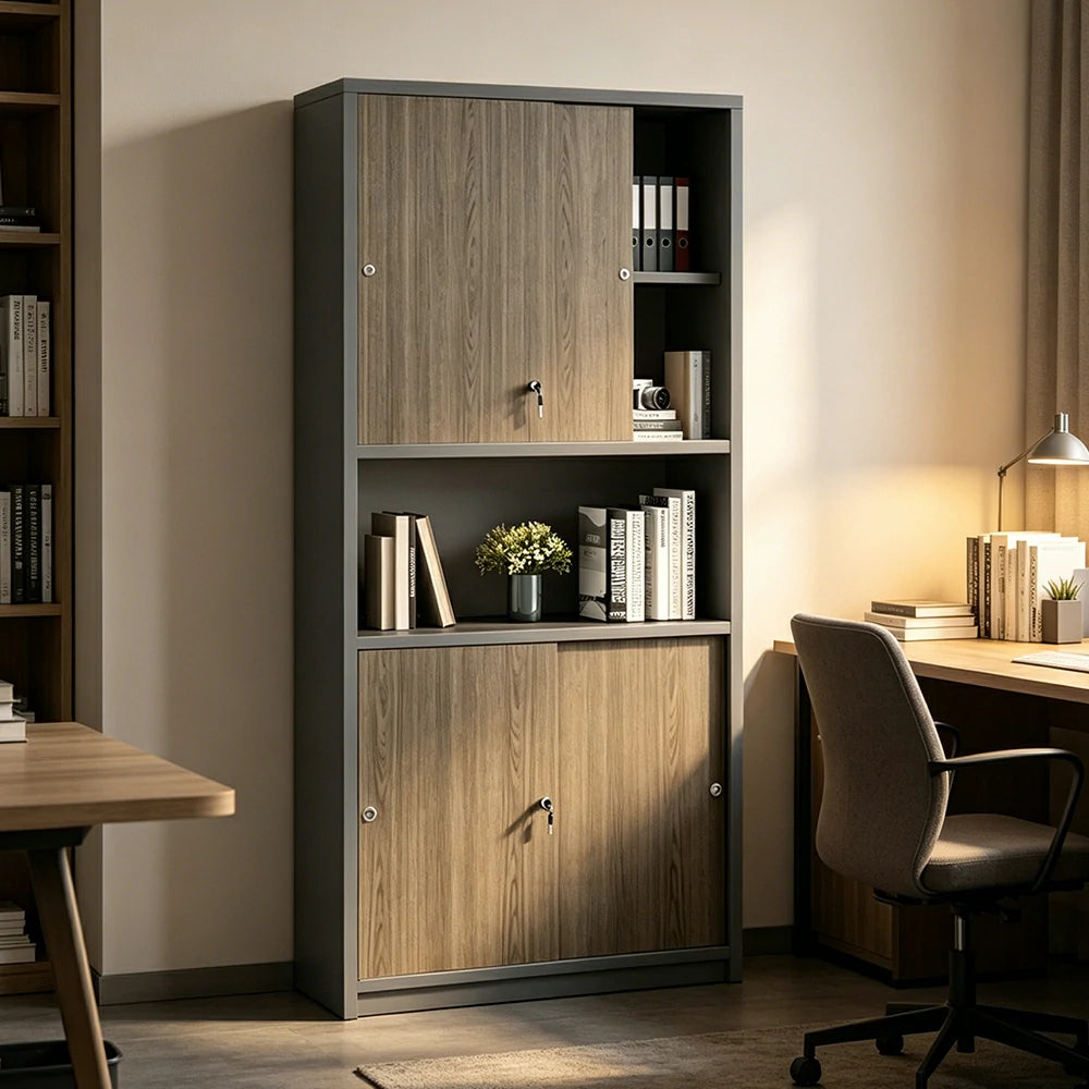 LIVARA Double Door Office Storage Cabinet with File Shelves 80x40x200cm for Study Office - Walnut