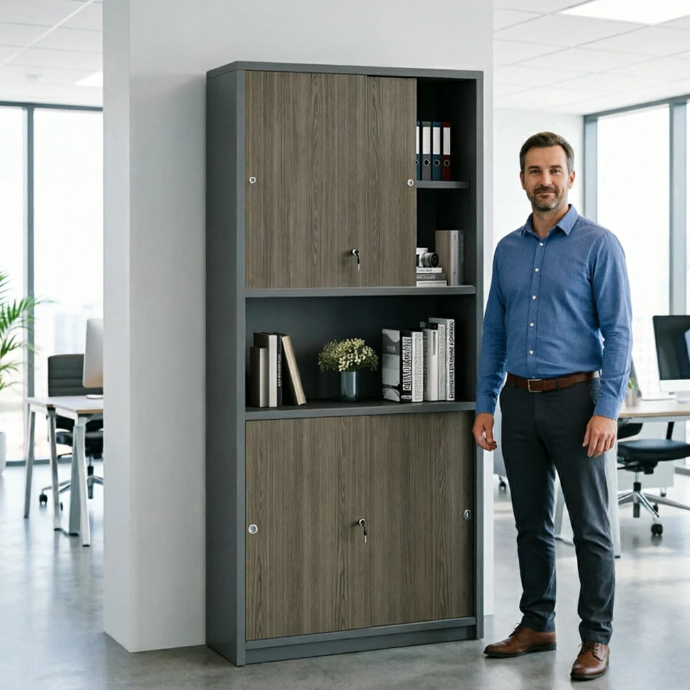 LIVARA Double Door Office Storage Cabinet with File Shelves 80x40x200cm for Study Office - Walnut