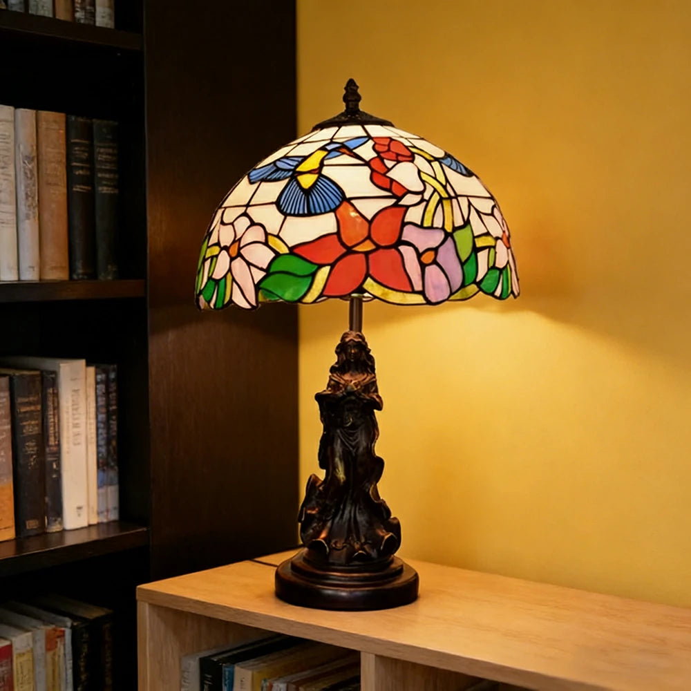 LIVARA Vintage Artistic Table Lamp Stained Glass Shade Sculpture Base Soft Ambient Lighting Suitable for Bedroom Living Room Bedside