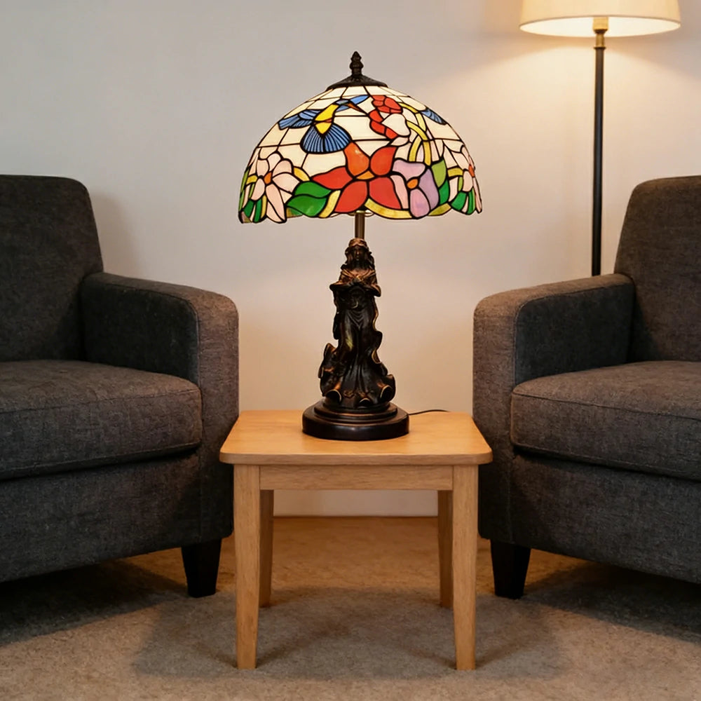LIVARA Vintage Artistic Table Lamp Stained Glass Shade Sculpture Base Soft Ambient Lighting Suitable for Bedroom Living Room Bedside