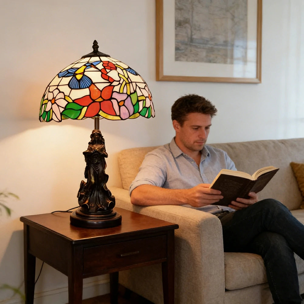 LIVARA Vintage Artistic Table Lamp Stained Glass Shade Sculpture Base Soft Ambient Lighting Suitable for Bedroom Living Room Bedside