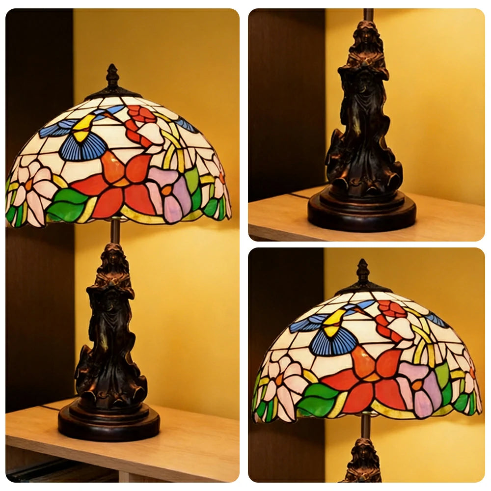 LIVARA Vintage Artistic Table Lamp Stained Glass Shade Sculpture Base Soft Ambient Lighting Suitable for Bedroom Living Room Bedside