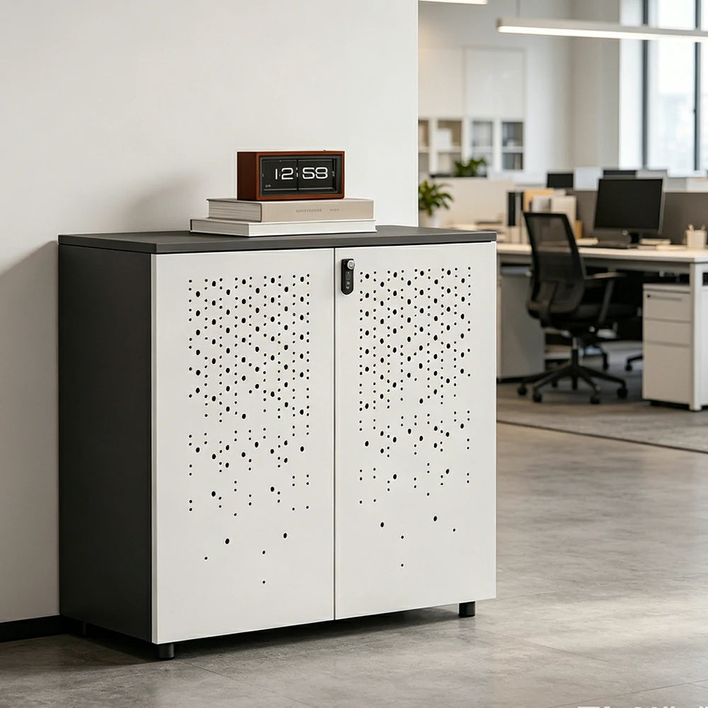 LIVARA 2 Door Low Storage Cabinet with Modern Office Organizer Design - BMW Grey and Signal White