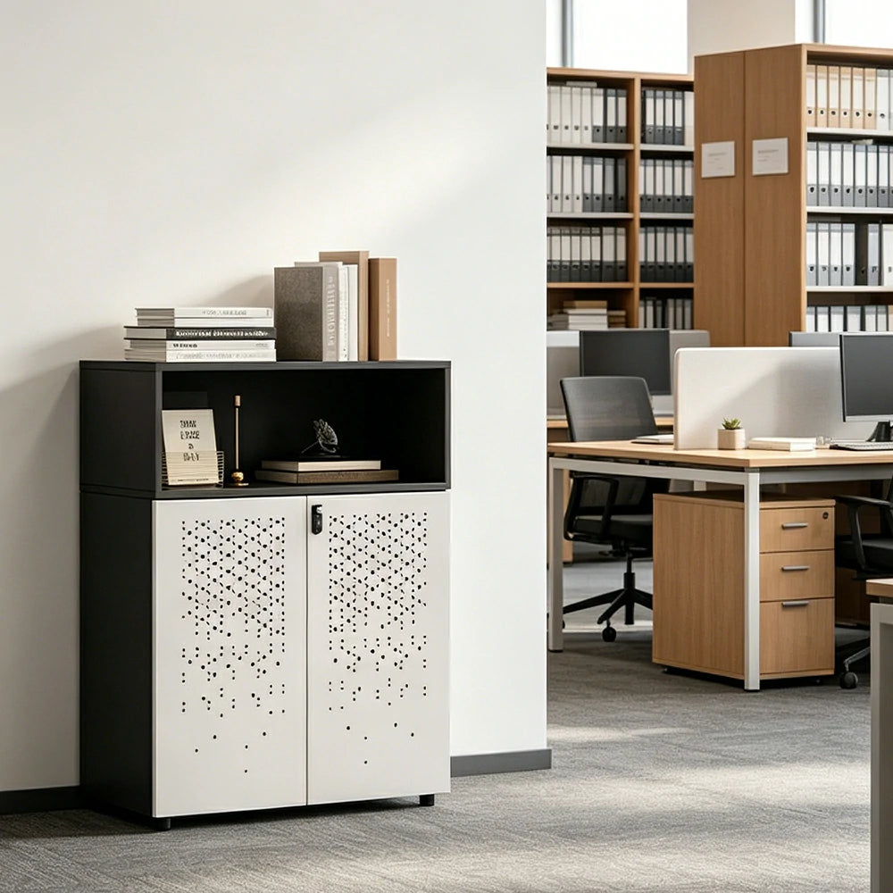 LIVARA 2 Door Low Storage Cabinet with Adjustable Shelves for Office Study - BMW Grey and Signal White