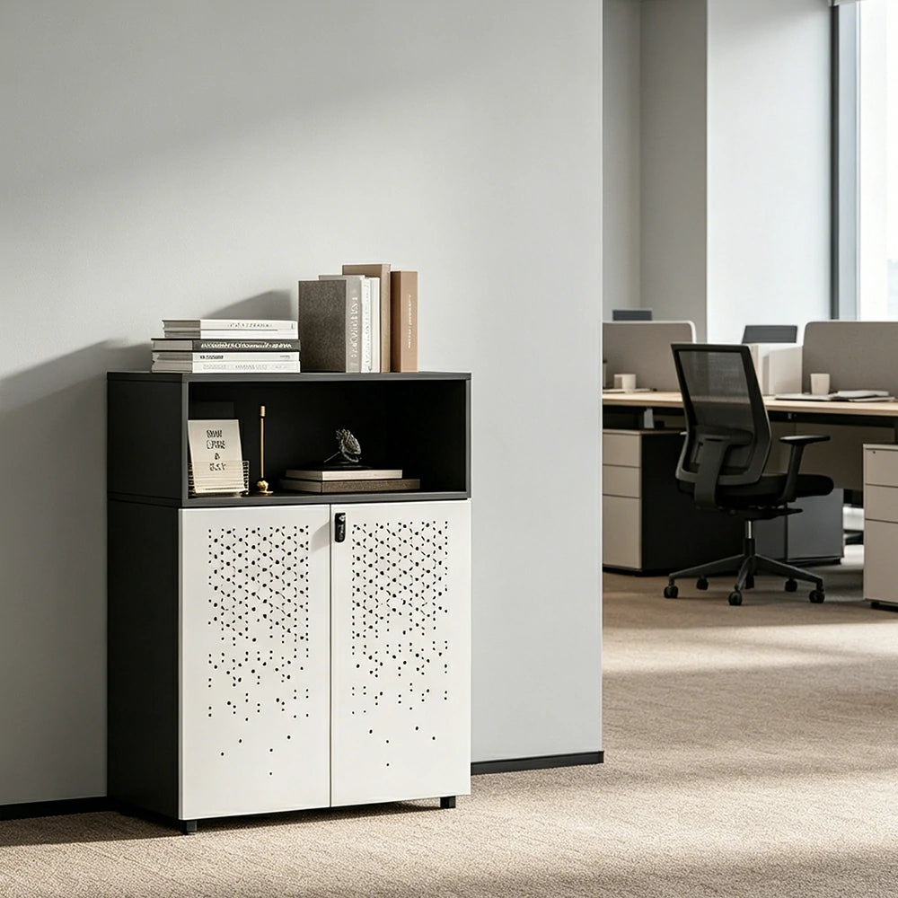 LIVARA 2 Door Low Storage Cabinet with Adjustable Shelves for Office Study - BMW Grey and Signal White