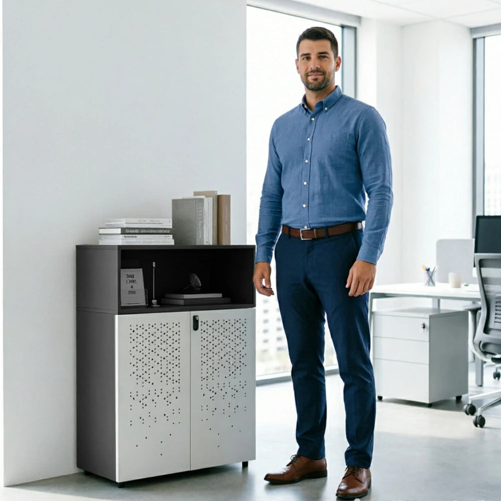 LIVARA 2 Door Low Storage Cabinet with Adjustable Shelves for Office Study - BMW Grey and Signal White