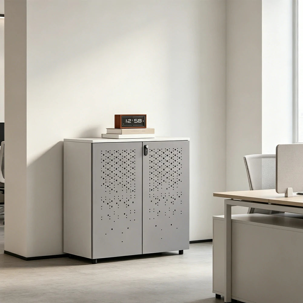 LIVARA 2 Door Low Storage Cabinet with Modern Office Organizer Design - Warm White and Signal Grey
