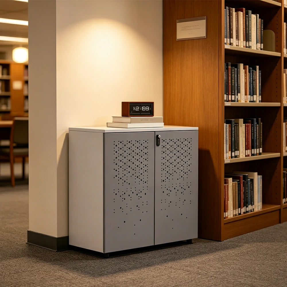LIVARA 2 Door Low Storage Cabinet with Modern Office Organizer Design - Warm White and Signal Grey