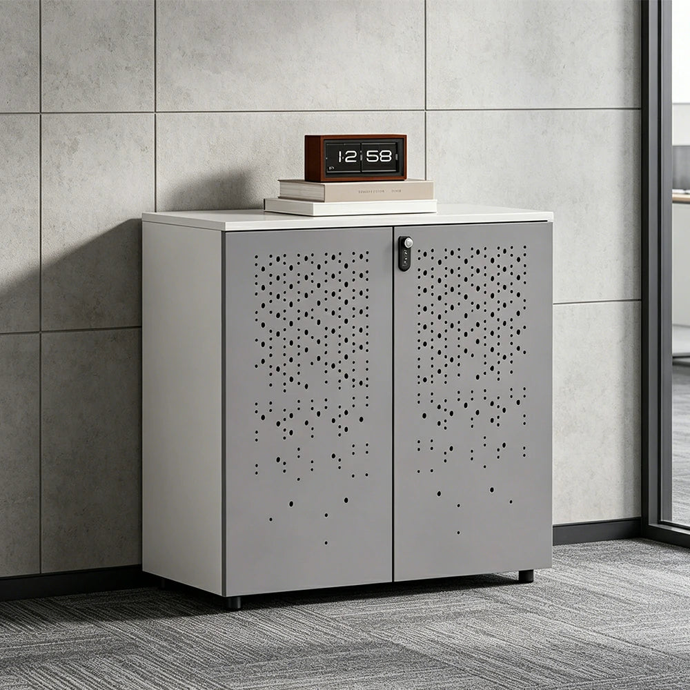 LIVARA 2 Door Low Storage Cabinet with Modern Office Organizer Design - Warm White and Signal Grey