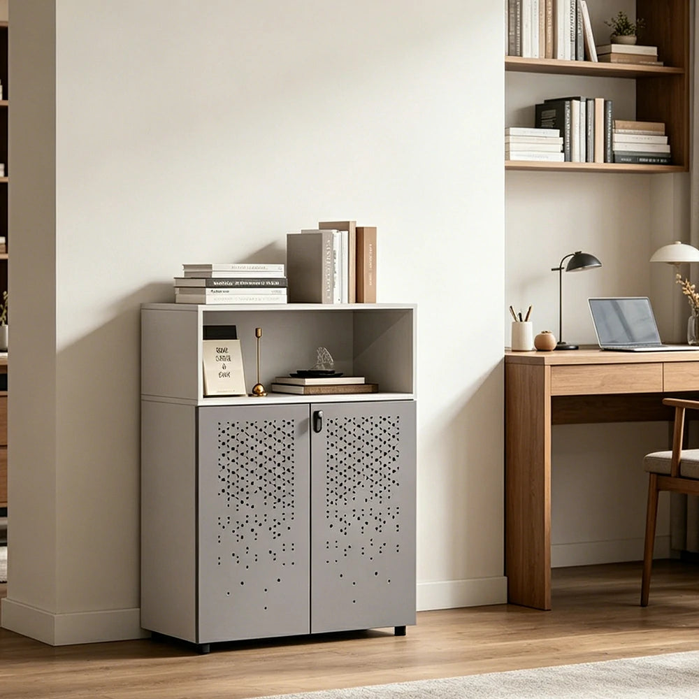LIVARA 2 Door Low Storage Cabinet with Adjustable Shelves for Office Study -Warm White and Signal Grey