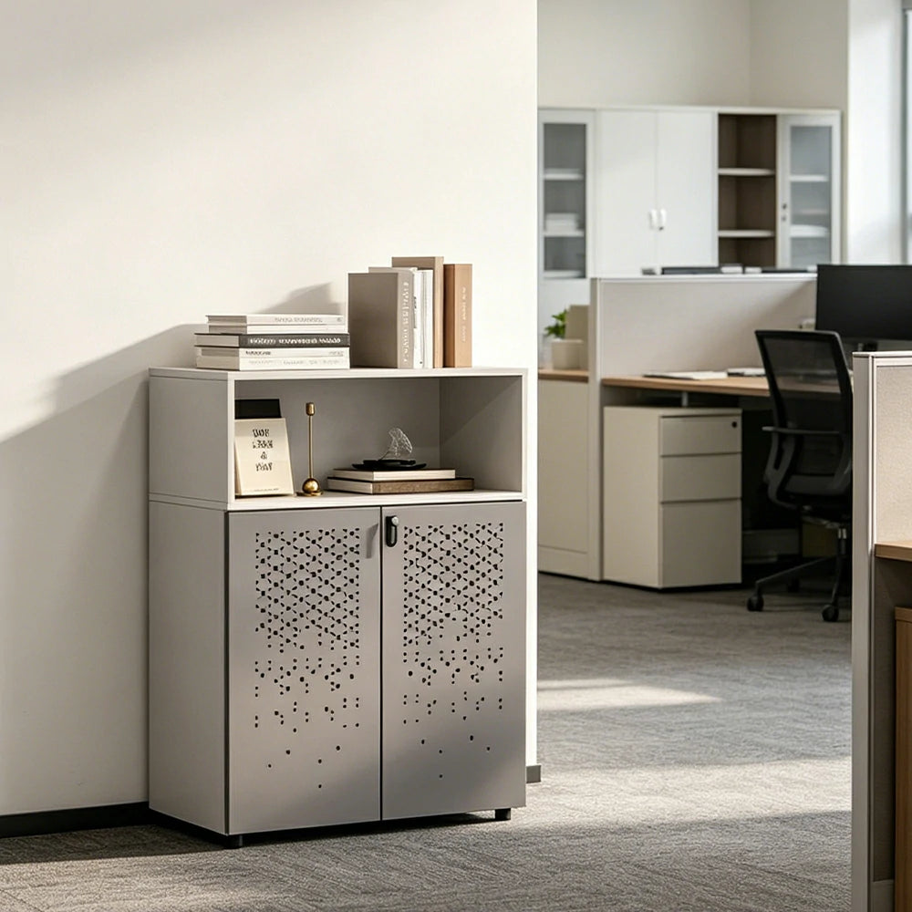 LIVARA 2 Door Low Storage Cabinet with Adjustable Shelves for Office Study -Warm White and Signal Grey