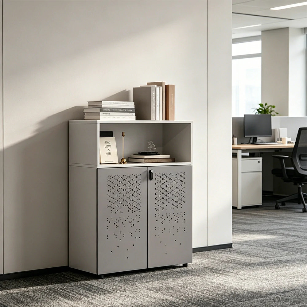 LIVARA 2 Door Low Storage Cabinet with Adjustable Shelves for Office Study -Warm White and Signal Grey