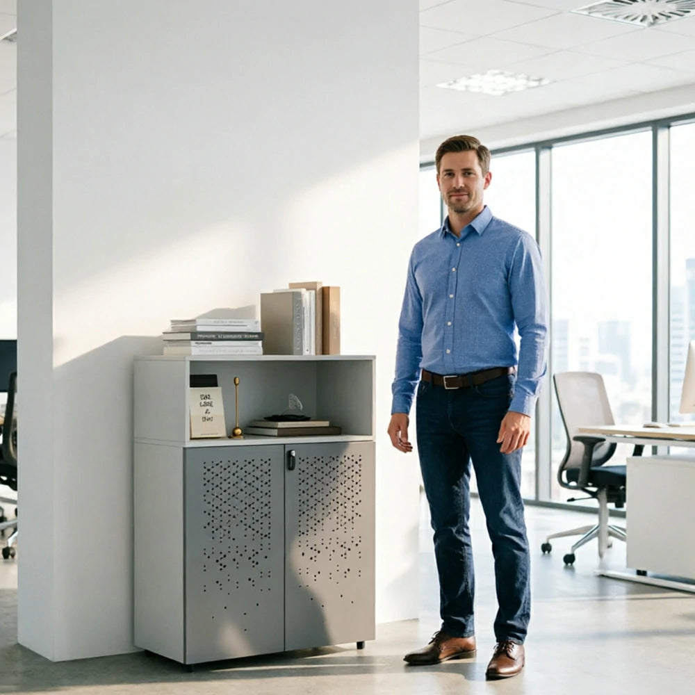 LIVARA 2 Door Low Storage Cabinet with Adjustable Shelves for Office Study -Warm White and Signal Grey