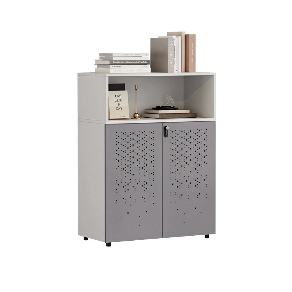 LIVARA 2 Door Low Storage Cabinet with Adjustable Shelves for Office Study -Warm White and Signal Grey