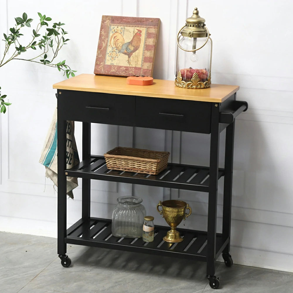LIVARA Kitchen Trolley Cart - Drawer Storage with Wine Rack - Solid Wood Frame - Black Finish with Natural Timber Top and Rolling Castors