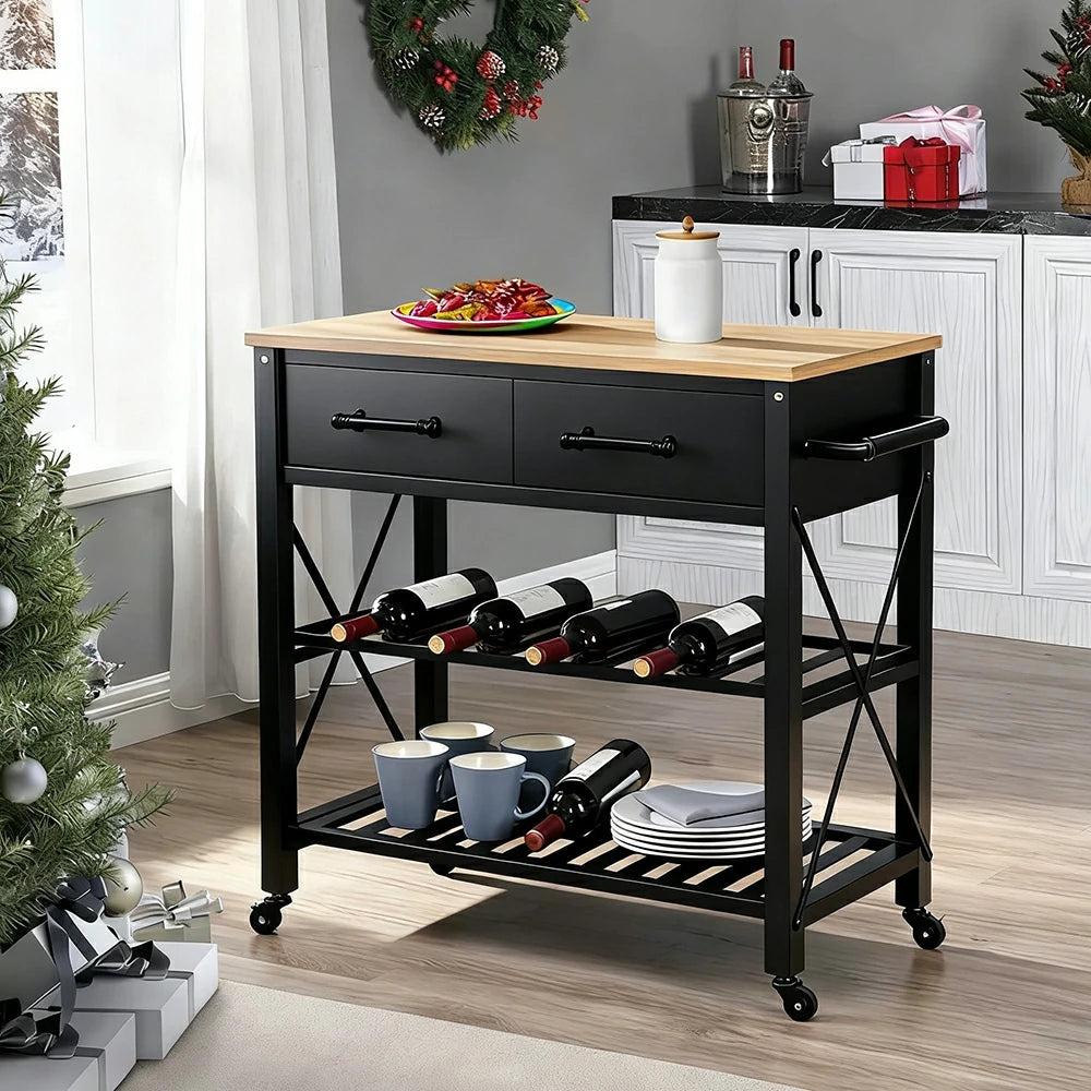 LIVARA Kitchen Trolley Cart - Drawer Storage with Wine Rack - Solid Wood Frame - Black Finish with Natural Timber Top and Rolling Castors