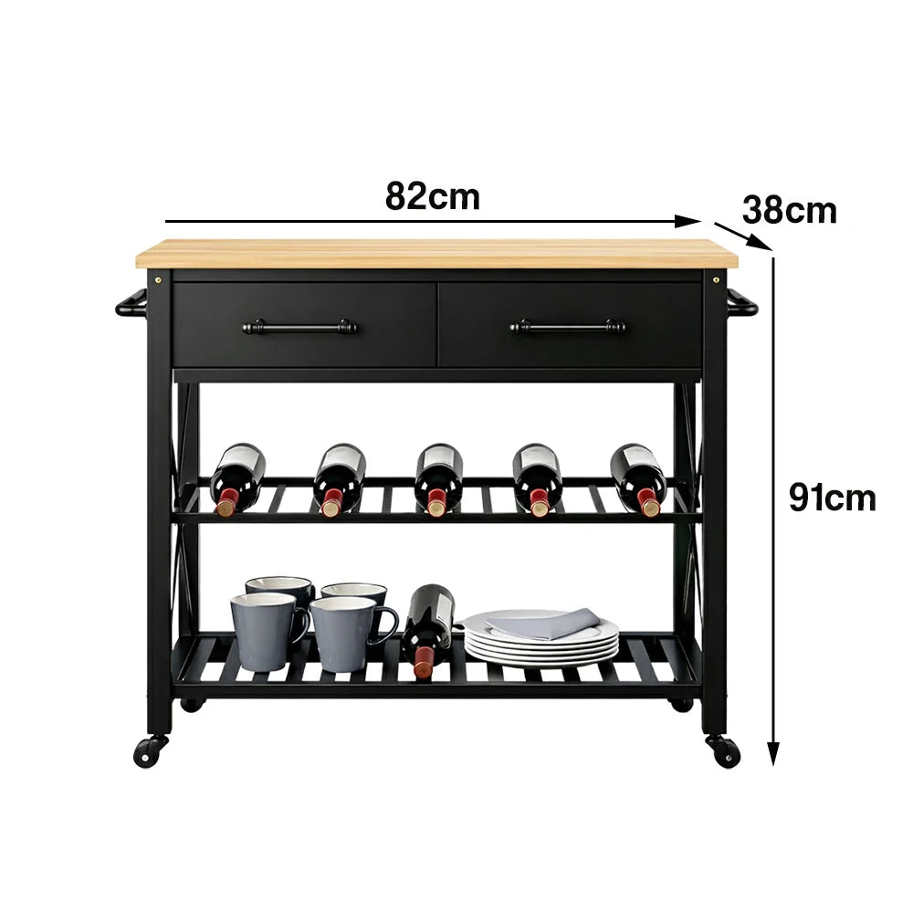 LIVARA Kitchen Trolley Cart - Drawer Storage with Wine Rack - Solid Wood Frame - Black Finish with Natural Timber Top and Rolling Castors