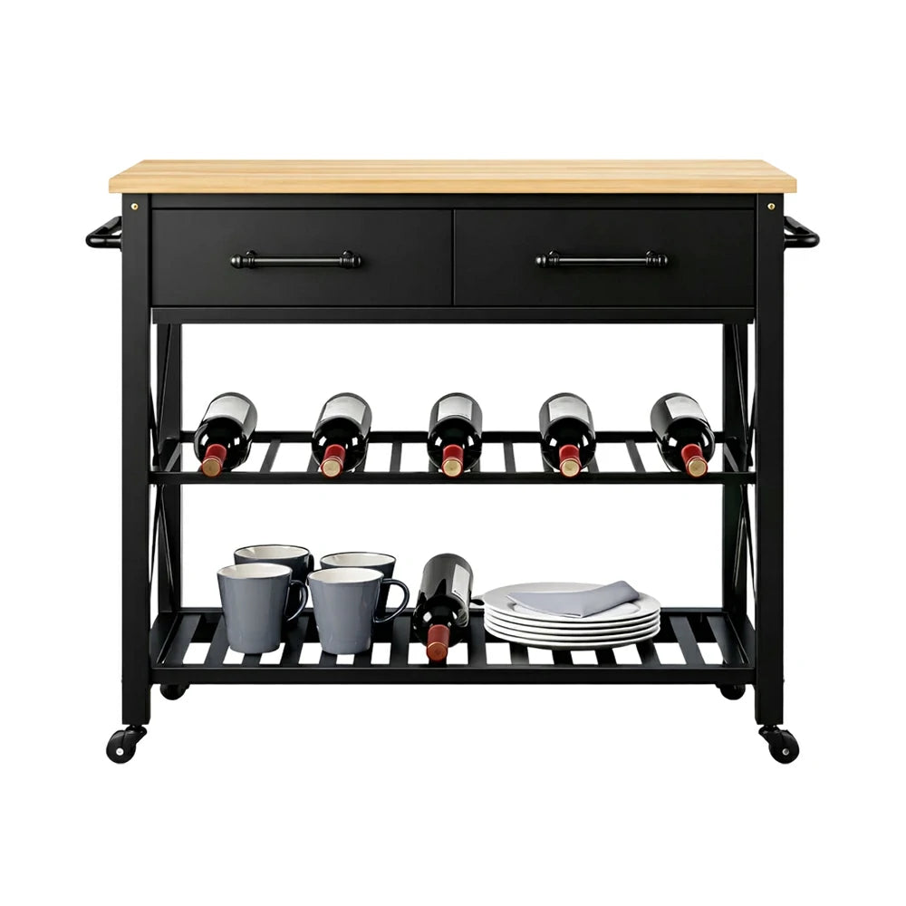LIVARA Kitchen Trolley Cart - Drawer Storage with Wine Rack - Solid Wood Frame - Black Finish with Natural Timber Top and Rolling Castors
