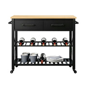 LIVARA Kitchen Trolley Cart - Drawer Storage with Wine Rack - Solid Wood Frame - Black Finish with Natural Timber Top and Rolling Castors